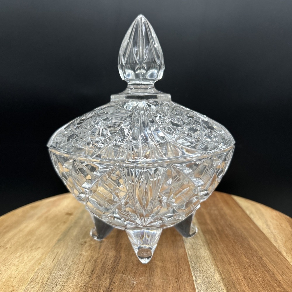 Vintage American Brilliant Cut 8 in. 4- Footed Candy Bowl Lid Excellent Cond